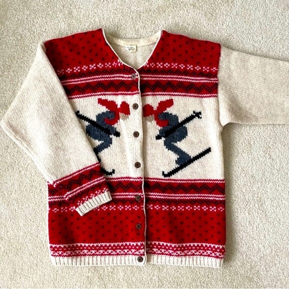 VINTAGE Oversized Wool Knit Downhill Ski Novelty Cardigan Medium - Picture 3 of 8